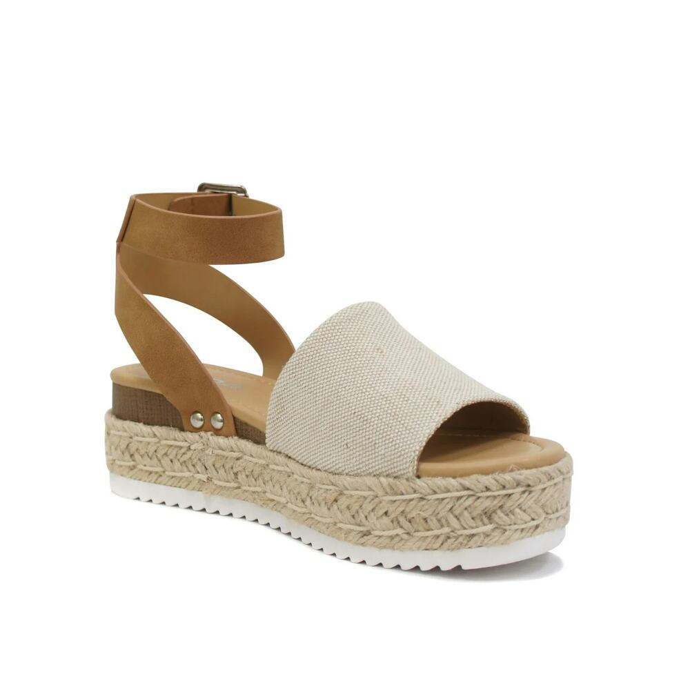 Women Espadrille Wedge Sandals Ankle Strap Beige Tan Soda Topic-S Size 7.5
